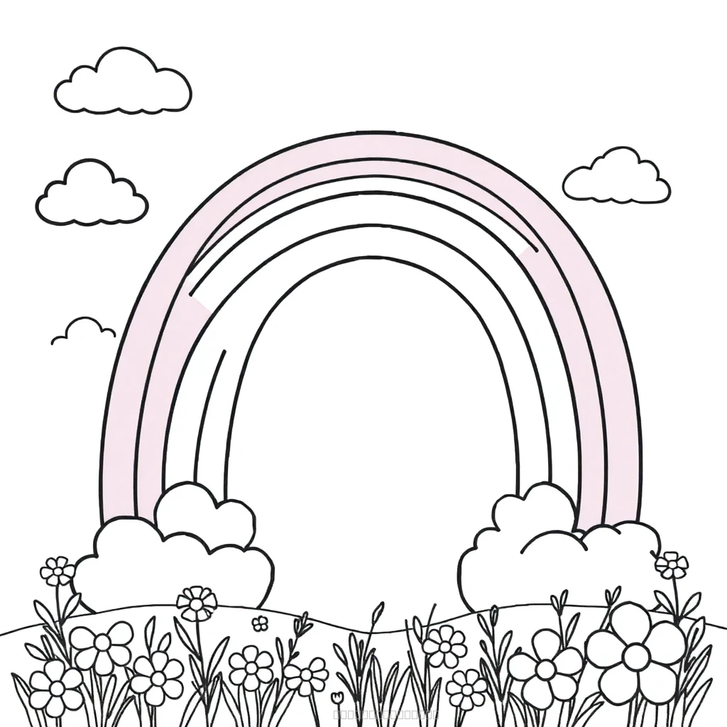 Very Cute and Beautiful Rainbow in the Sky With Clouds and Some Flowers on the Ground cute-cartoon coloring page for kids