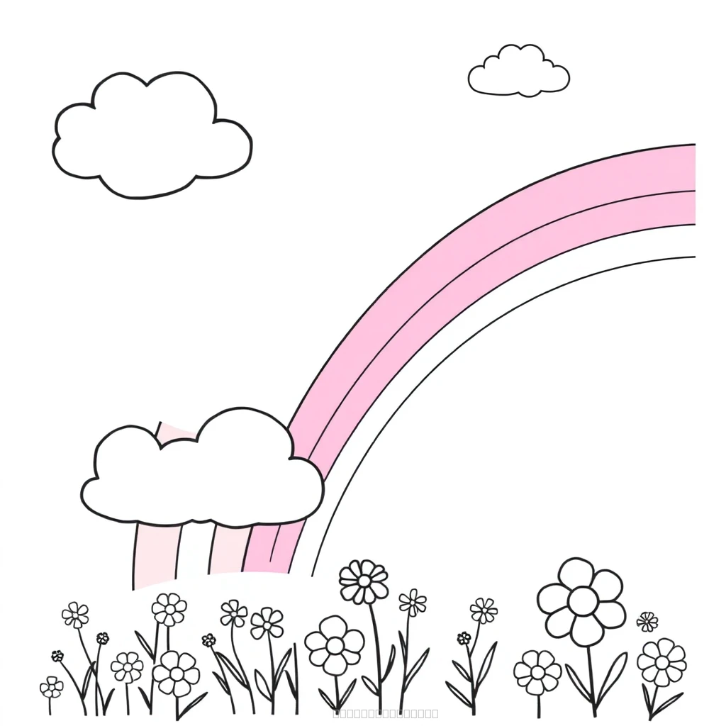 Very Cute and Beautiful Rainbow in the Sky With Clouds and Some Flowers on the Ground simple coloring page for kids