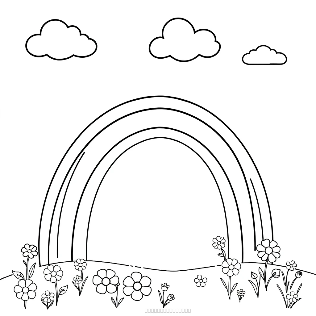 Very Cute and Beautiful Rainbow With 6 Stripes in the Sky With Clouds and Some Flowers on the Ground. No Color and Only Black and White Please simple coloring page for kids