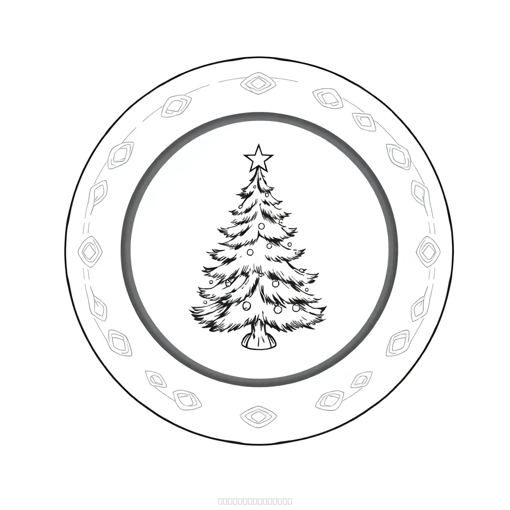 A Dinner Plate With a Simple Christmas Tree in the Center. No Color, and All Clear Lines in Black and White realistic coloring page for kids
