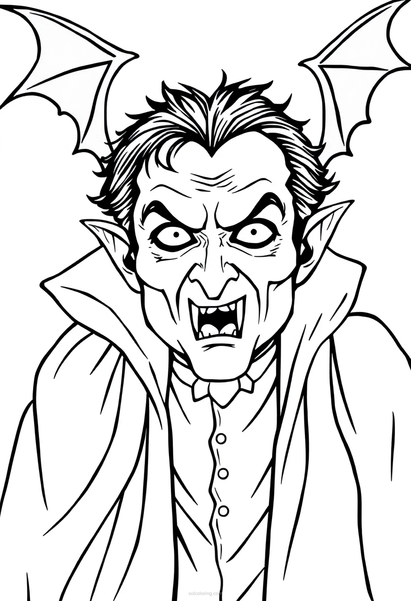 Vampire with Cape and Fangs coloring page for kids