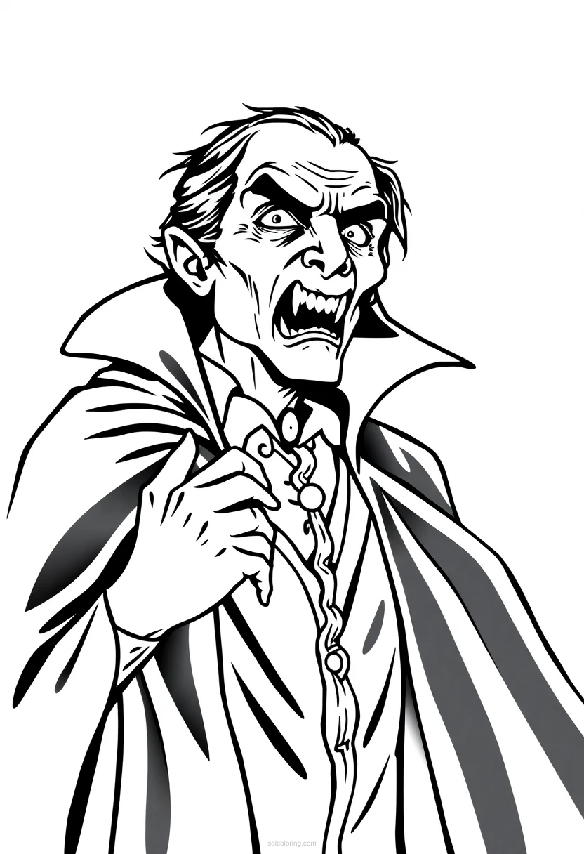 Vampire with Cape and Fangs coloring page for kids
