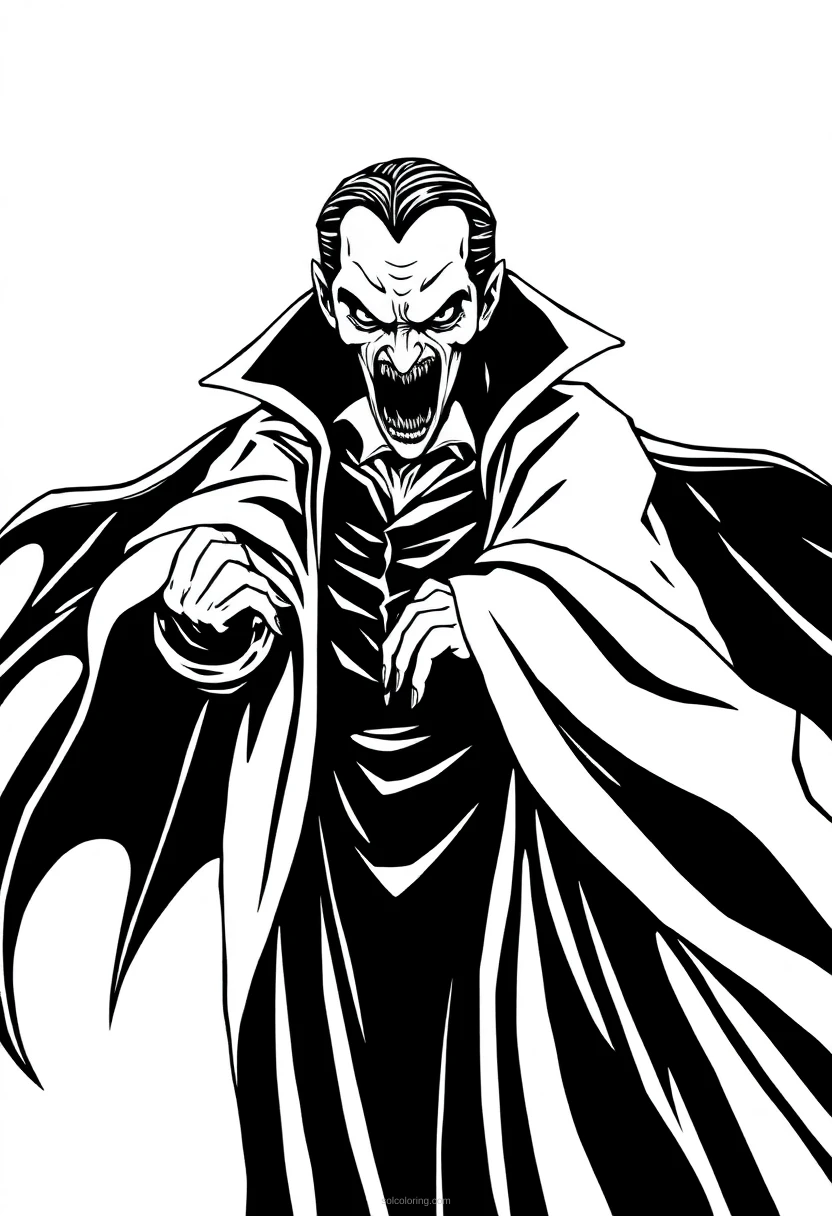 Vampire with Cape and Fangs coloring page for kids