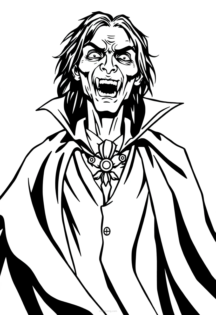 Vampire with Cape and Fangs coloring page for kids