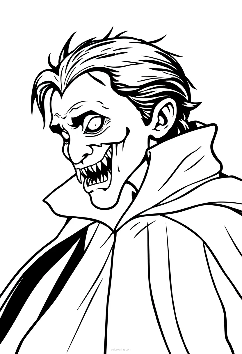 Vampire with Cape and Fangs coloring page for kids