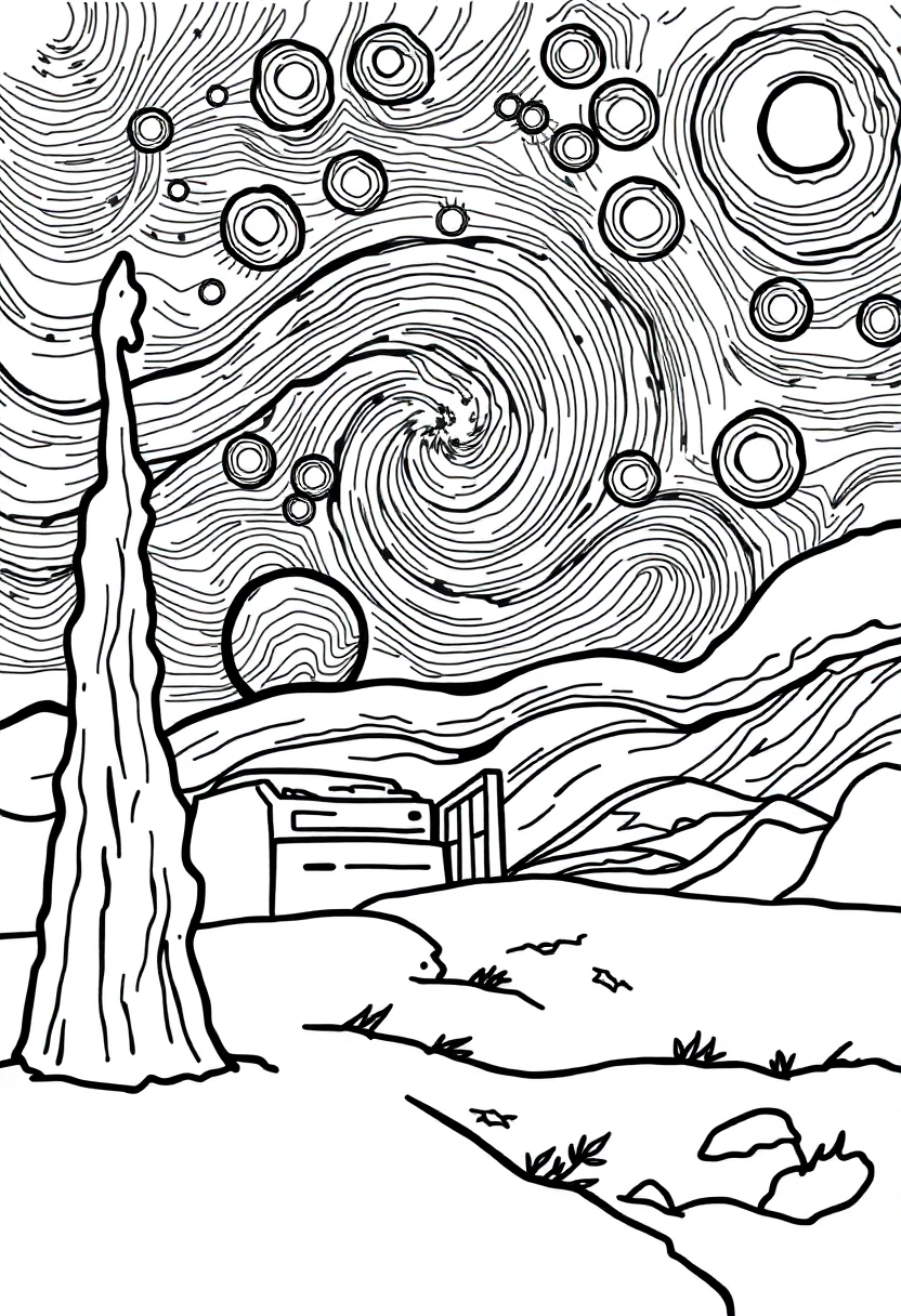Van Gogh Starry Night coloring page, free printable