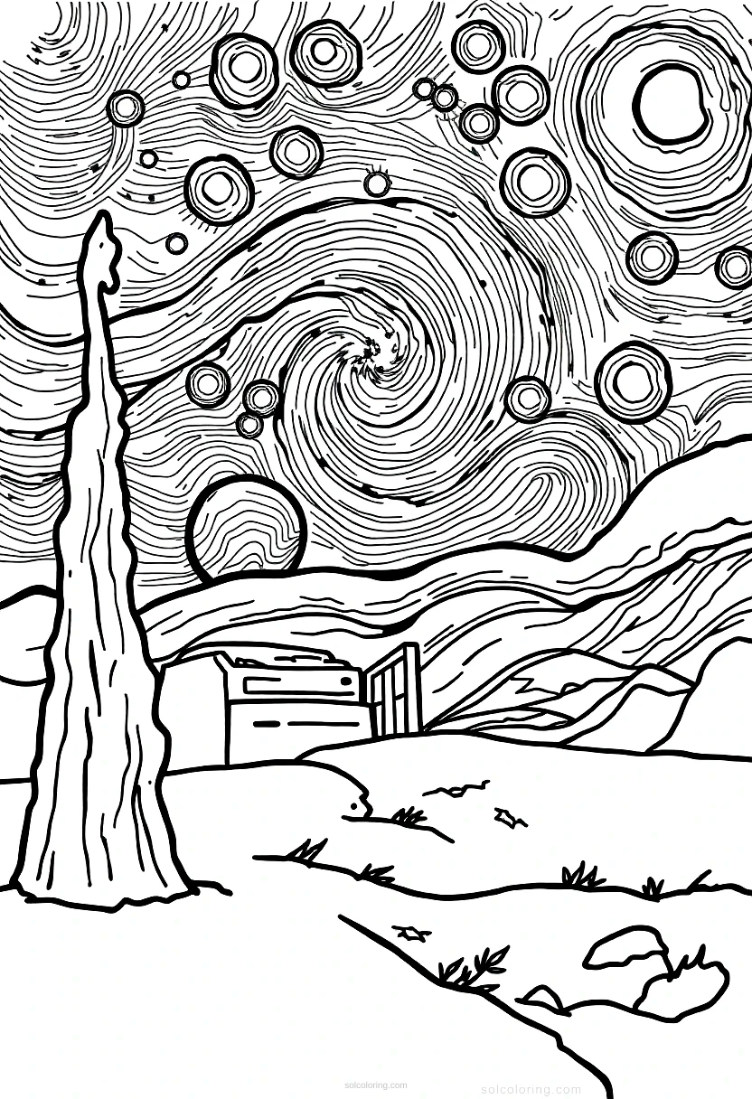Van Gogh Starry Night coloring page for kids