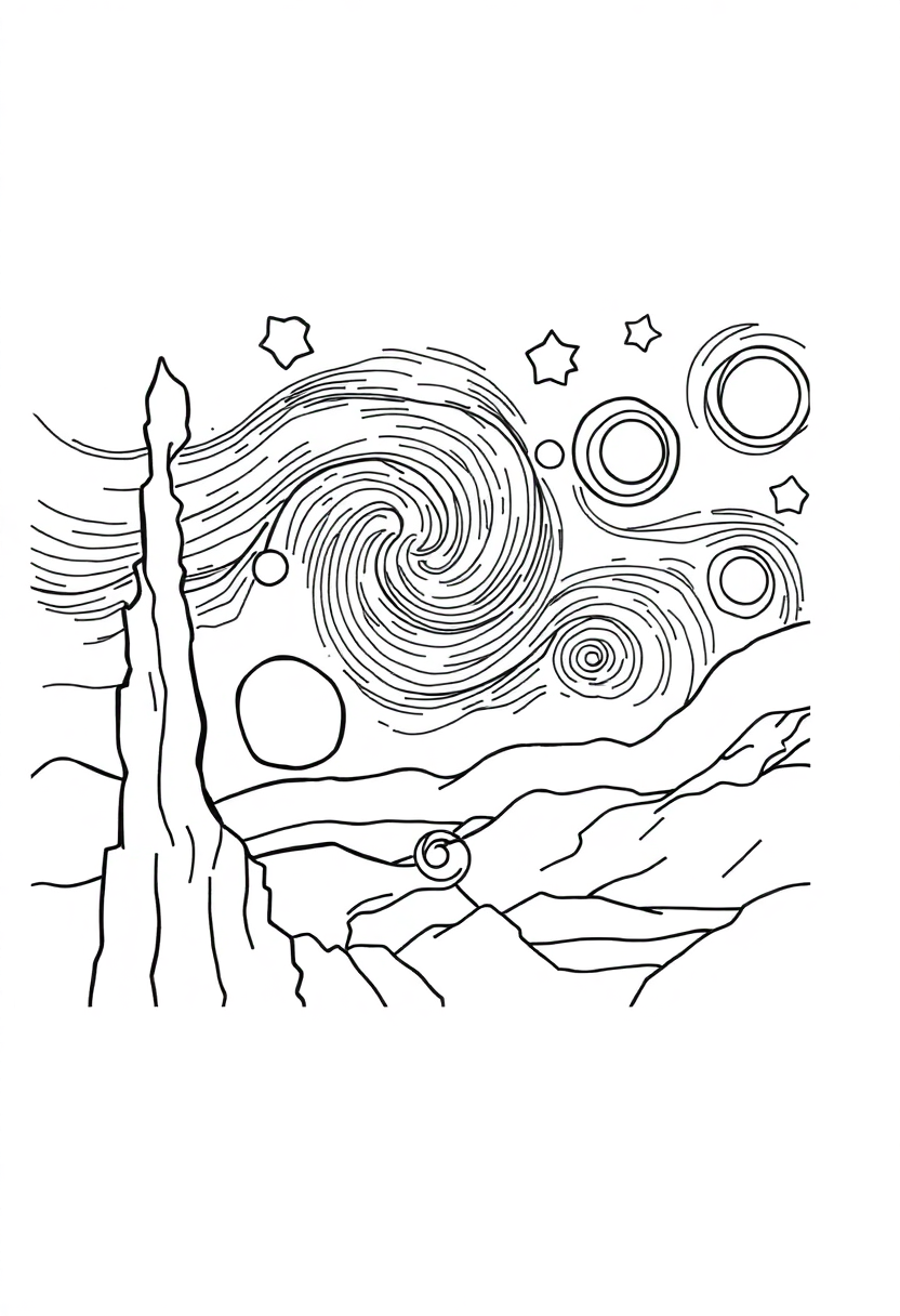 Van Gogh Starry Night coloring page, free printable