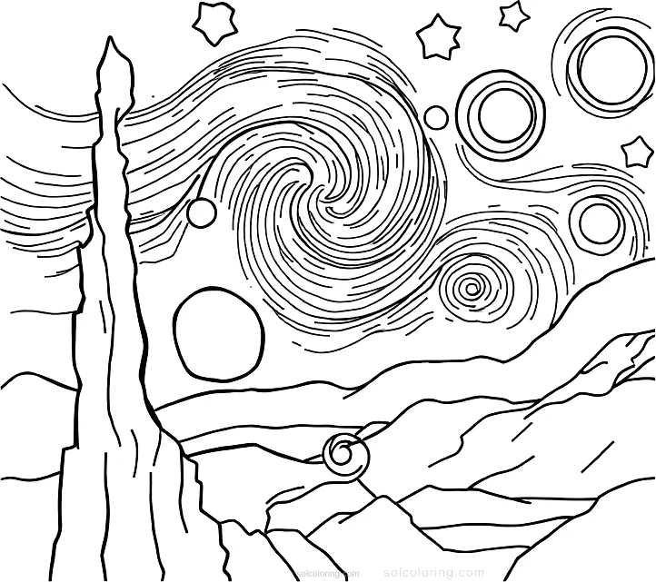 Van Gogh Starry Night coloring page for kids