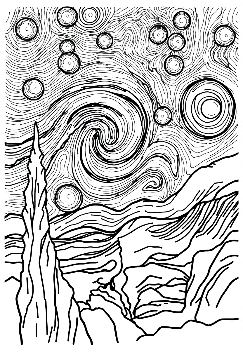 Van Gogh Starry Night coloring page with detailed outlines of swirling sky, cypress tree and village