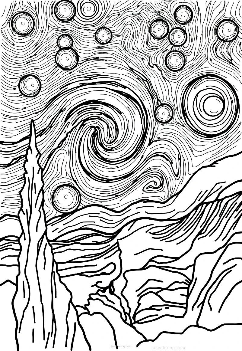 Van Gogh Starry Night coloring page for kids