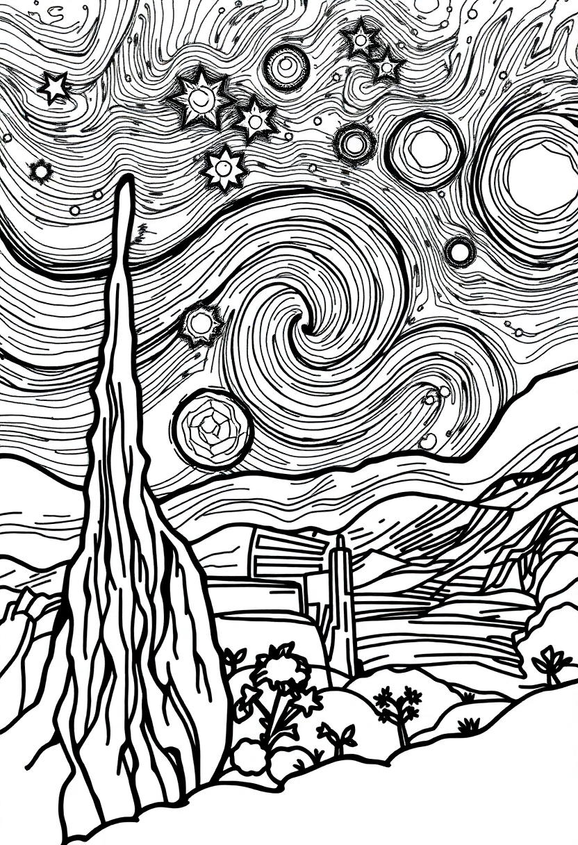 Van Gogh Starry Night coloring page, free printable