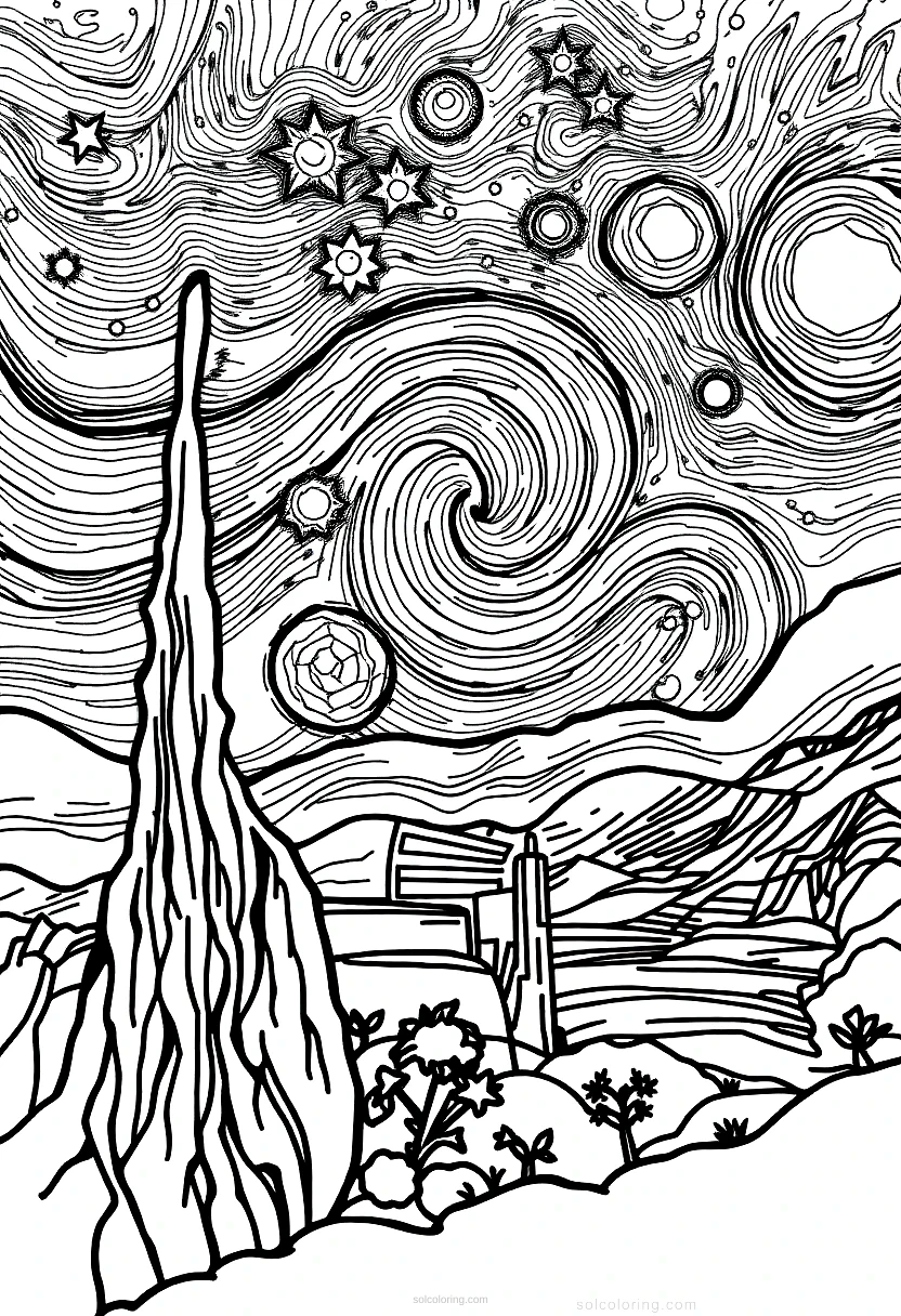 Van Gogh Starry Night coloring page for kids