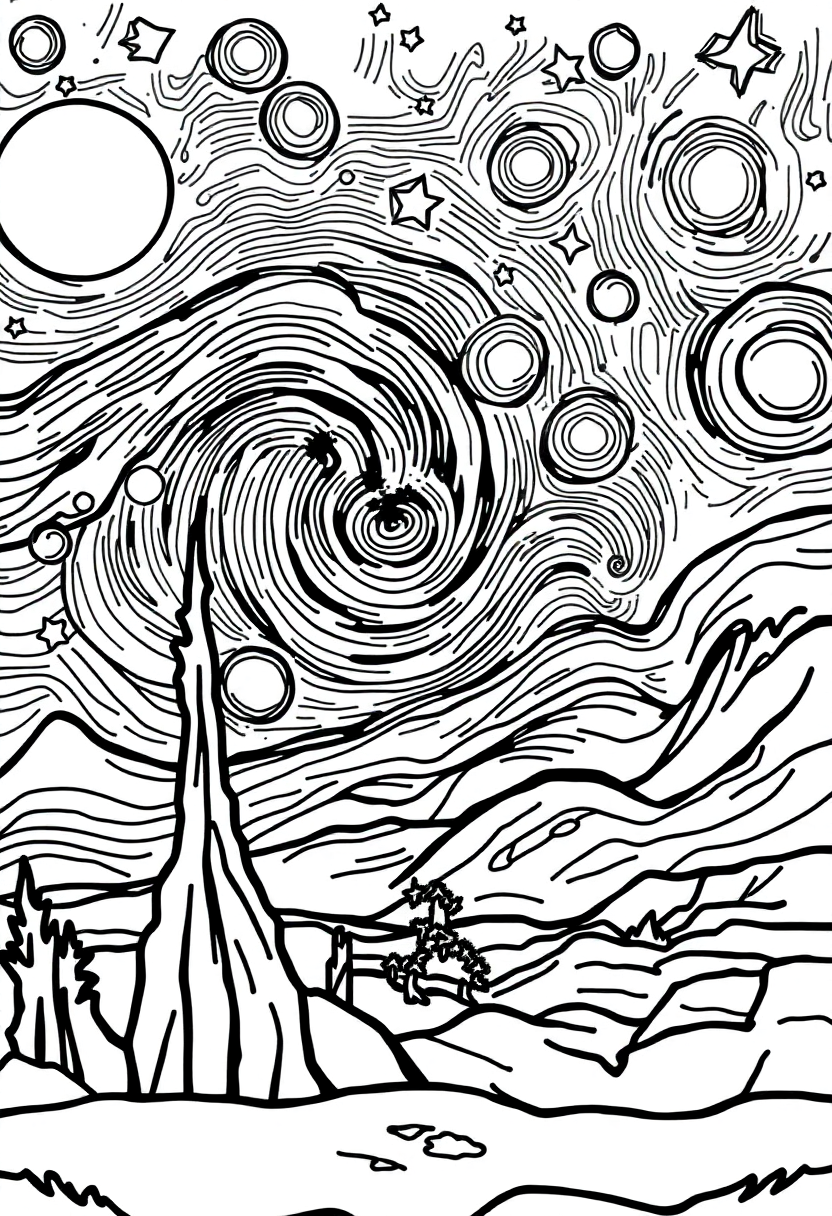 Van Gogh Starry Night coloring page, free printable