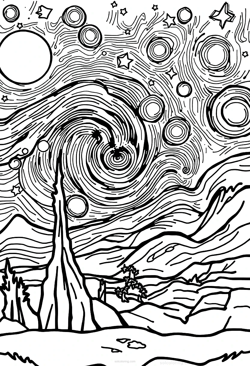 Van Gogh Starry Night coloring page for kids