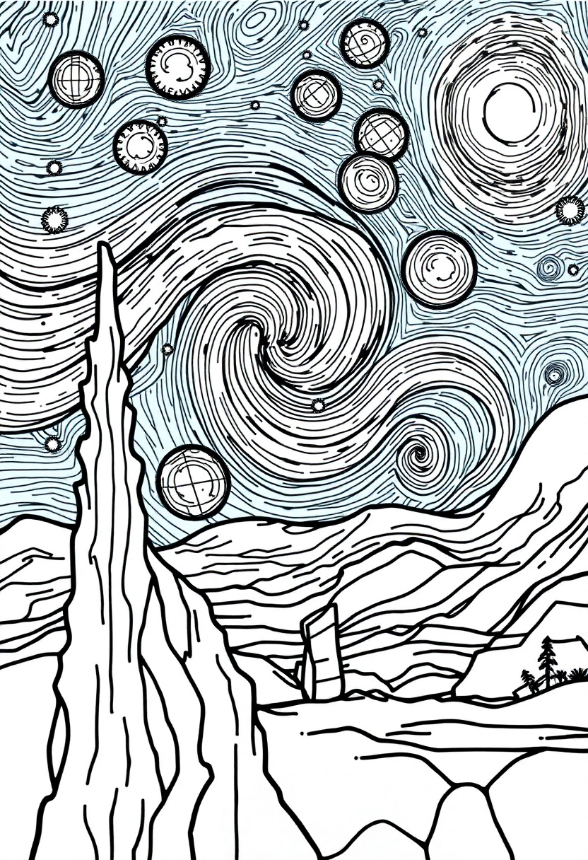 Van Gogh Starry Night coloring page, free printable