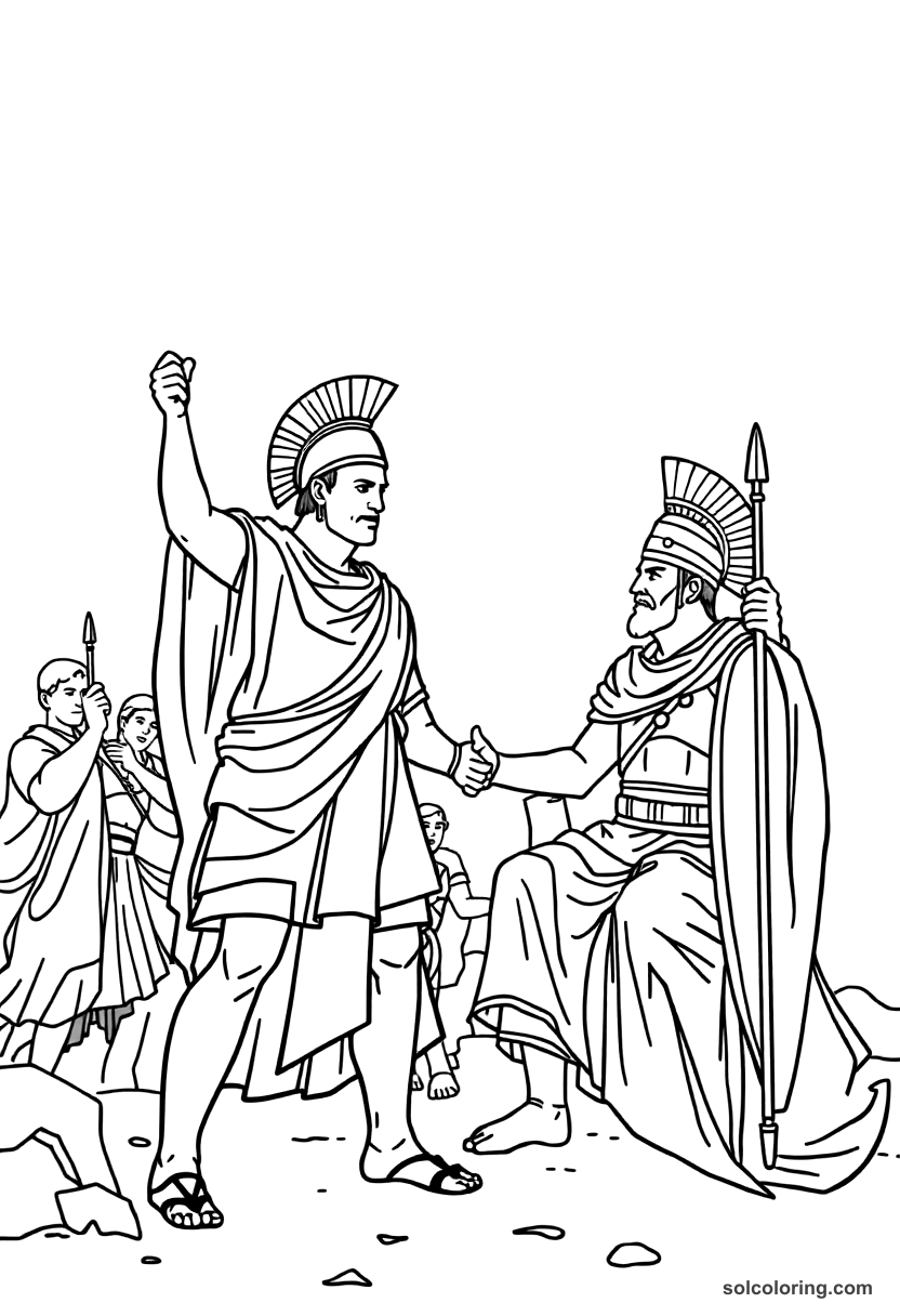 Simple Vercingetorix Surrendering to Caesar coloring page, free printable simple style