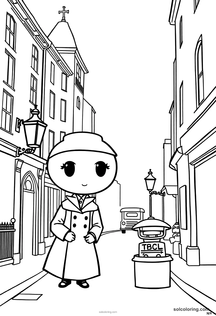 Chibi Victorian London Foggy Street Scene chibi coloring page for kids
