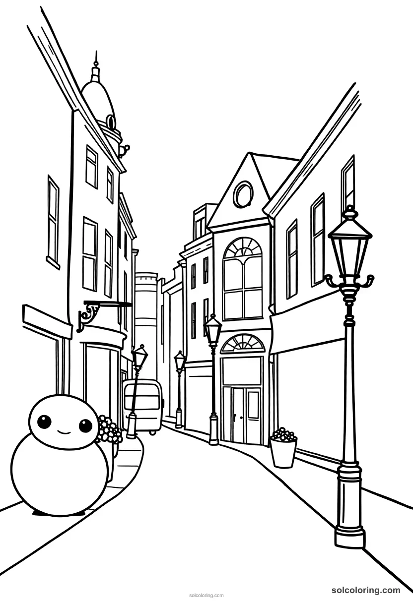 Cute Cartoon Victorian London Foggy Street Scene cute cartoon coloring page for kids