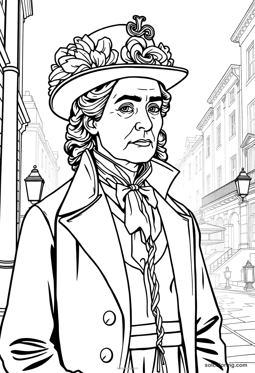 Victorian London Foggy Street Scene detailed coloring page for kids