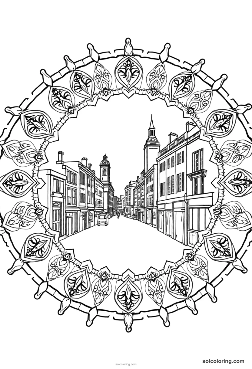 Mandala Victorian London Foggy Street Scene mandala coloring page for kids