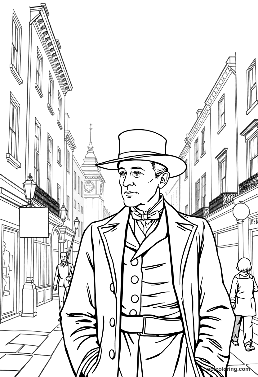 Victorian London foggy street scene coloring page with gas lamps, cobblestones, and historic buildings in mist