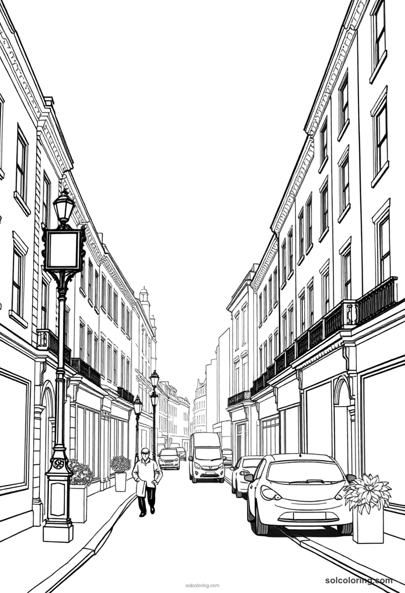 Simple Victorian London Foggy Street Scene simple coloring page for kids