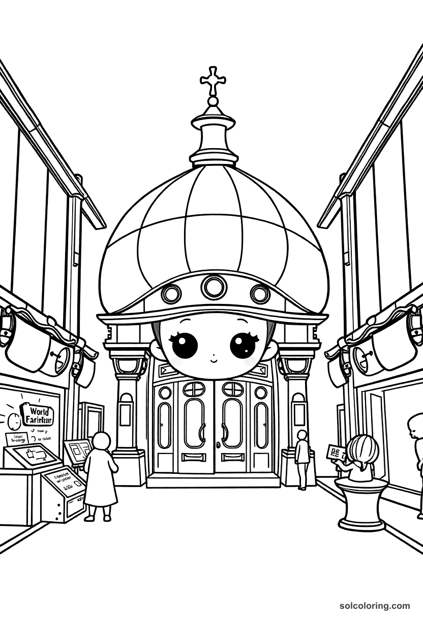 Chibi Victorian World's Fair Exhibition Hall coloring page, free printable chibi style