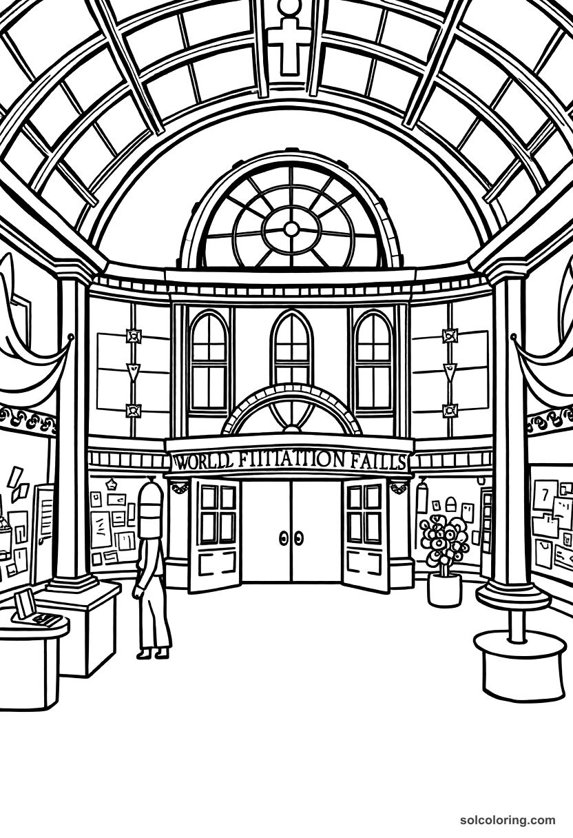 Cute Cartoon Victorian World's Fair Exhibition Hall coloring page, free printable cute cartoon style