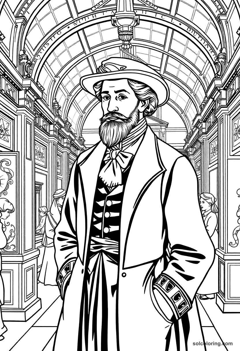Victorian World's Fair Exhibition Hall coloring page, free printable detailed style
