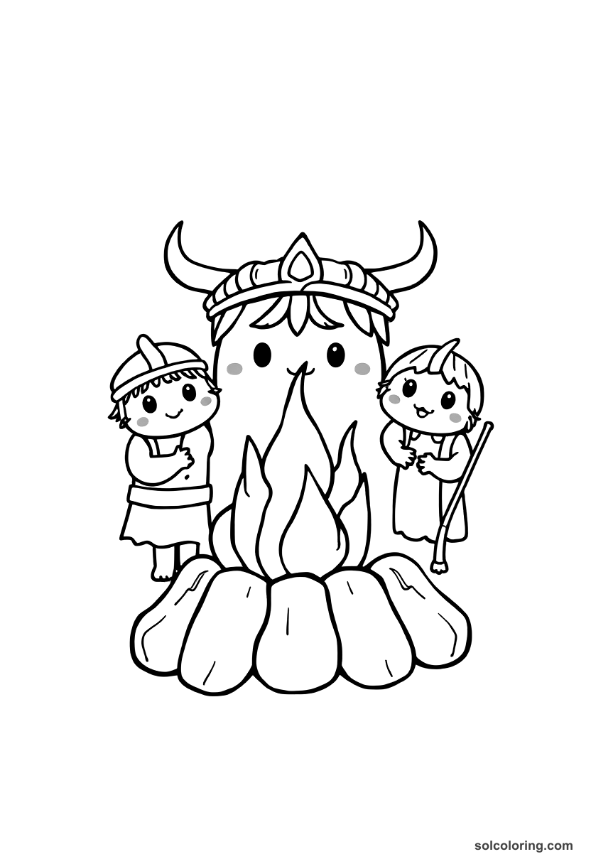 Cute Cartoon Viking Funeral Pyre Ceremony coloring page, free printable cute cartoon style