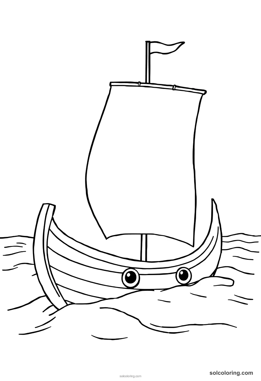 Cute Cartoon Viking Longship Crossing Open Seas cute cartoon coloring page for kids