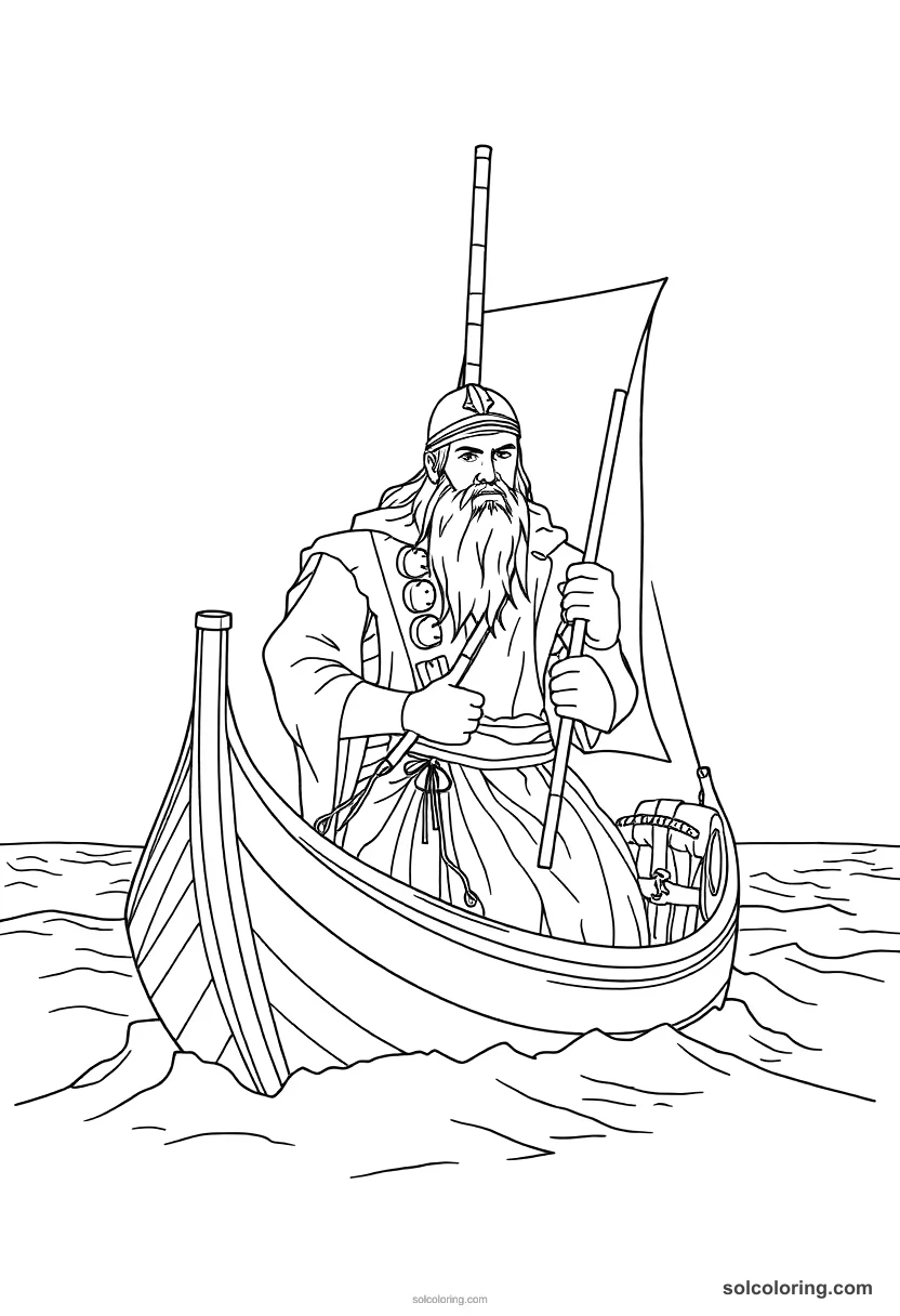 Viking Longship Crossing Open Seas detailed coloring page for kids