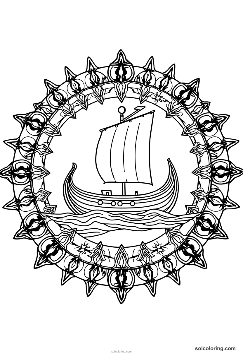 Mandala Viking Longship Crossing Open Seas mandala coloring page for kids