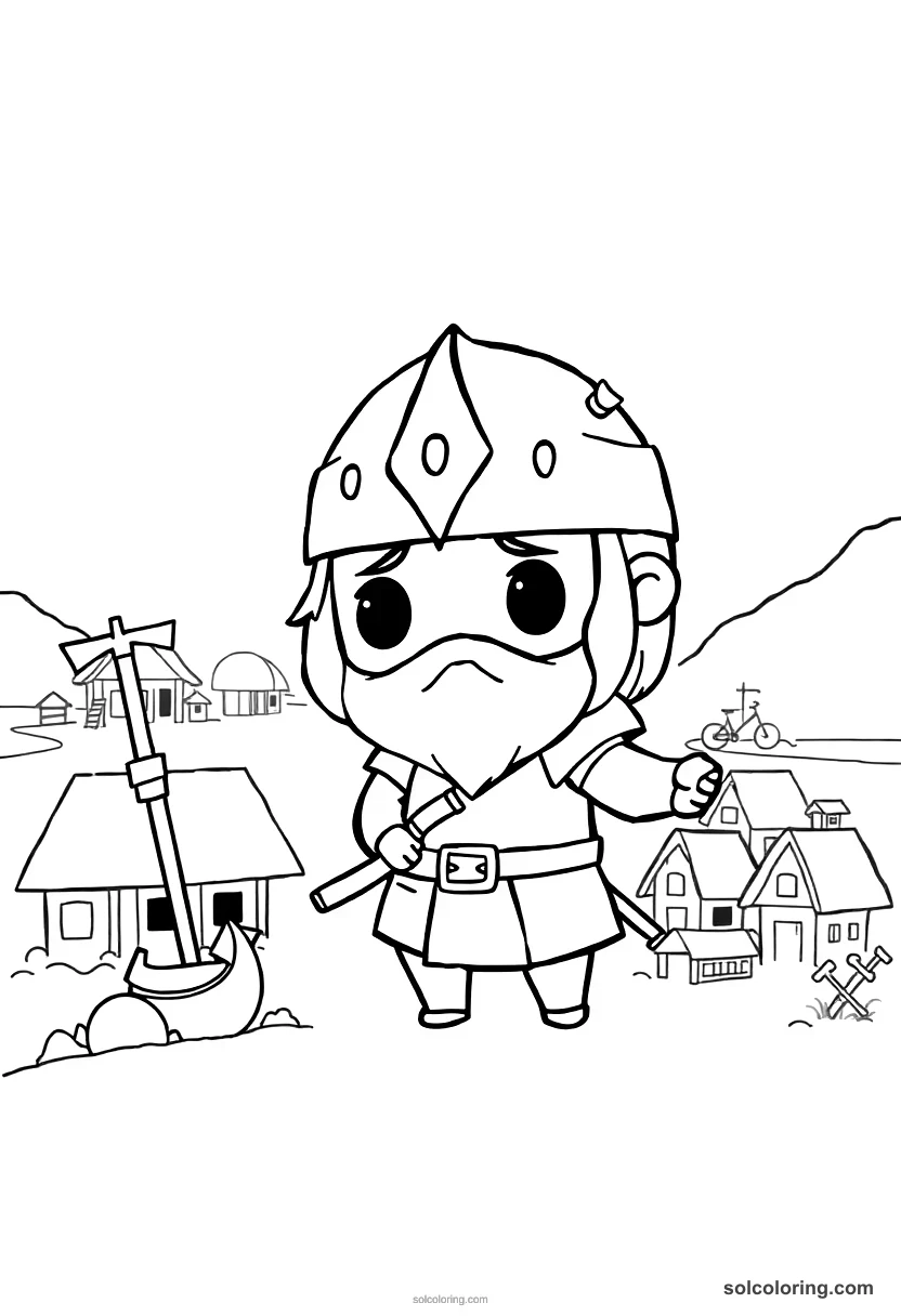Chibi Viking Raid on a Coastal Village chibi coloring page for kids