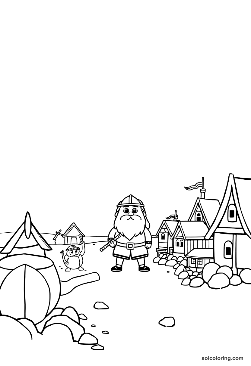 Cute Cartoon Viking Raid on a Coastal Village coloring page, free printable cute cartoon style