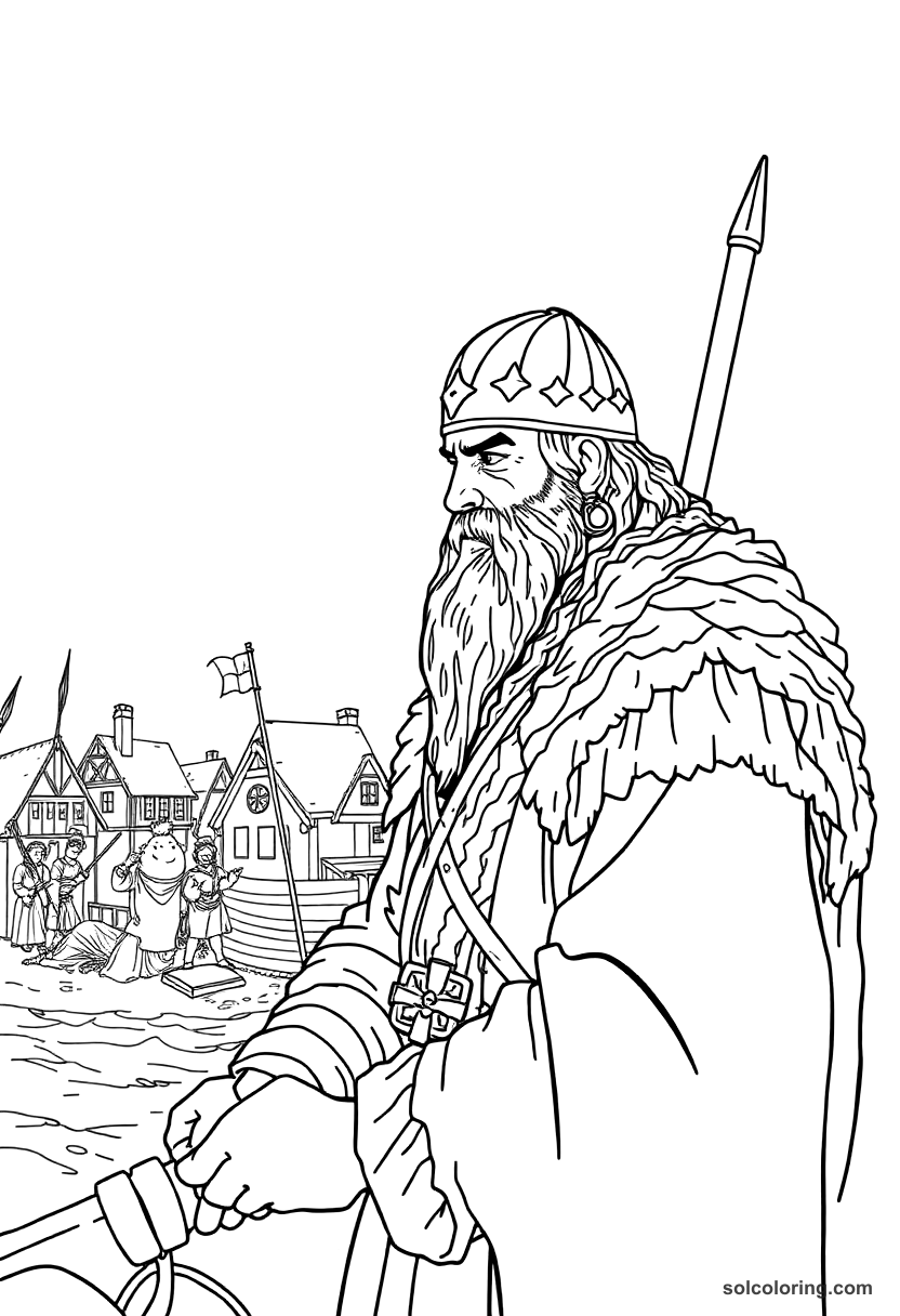 Viking Raid on a Coastal Village coloring page, free printable detailed style