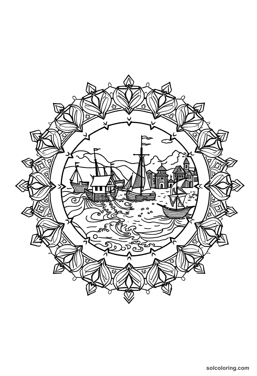 Mandala Viking Raid on a Coastal Village coloring page, free printable mandala style