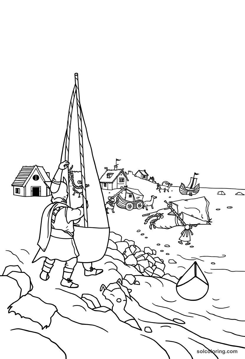 Simple Viking Raid on a Coastal Village coloring page, free printable simple style
