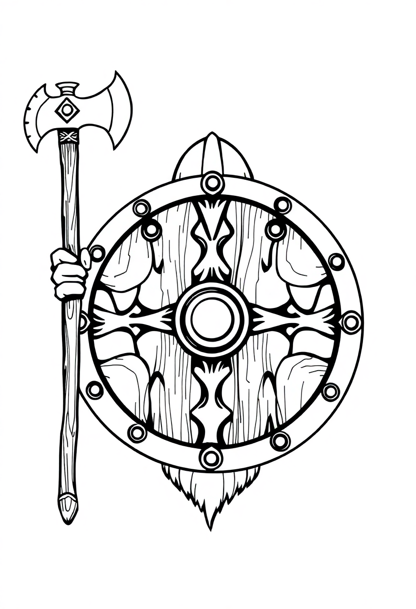 Viking Shield and Axe coloring page, free printable