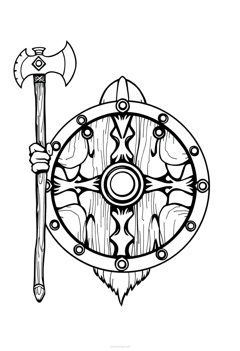 Viking Shield and Axe coloring page for kids