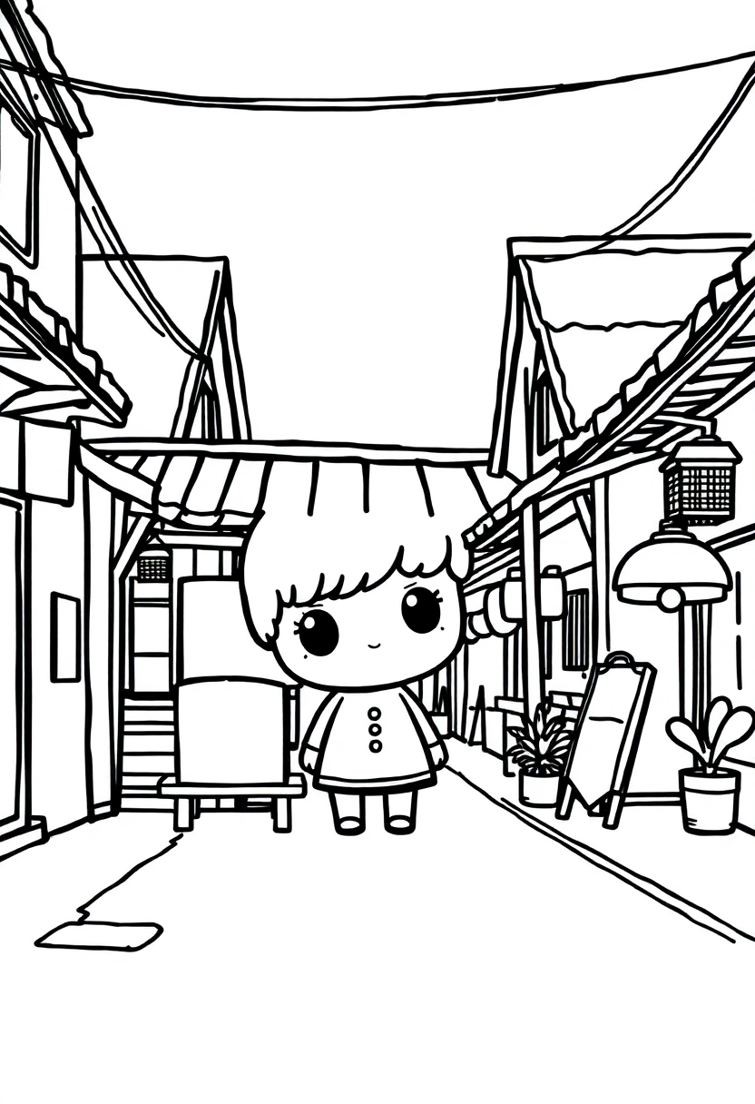 Village street scene coloring page with cobblestone road, quaint buildings, lamp posts and trees in impressionist style