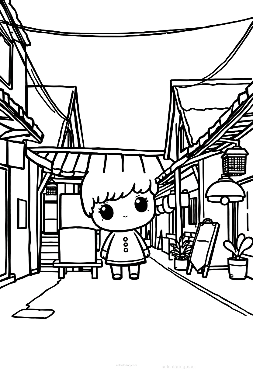Village Street Scene coloring page for kids