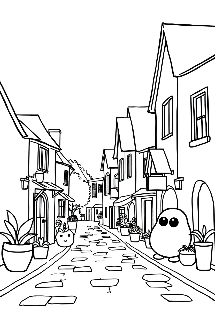 Village Street Scene coloring page, free printable