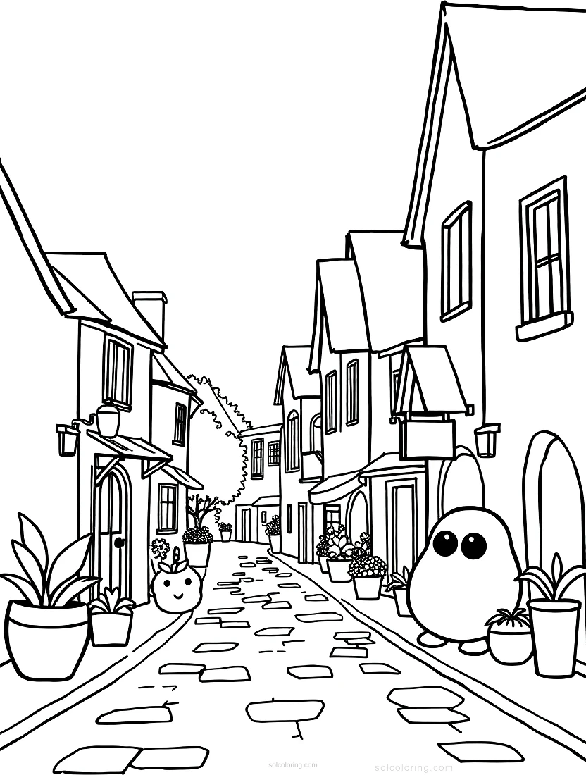 Village Street Scene coloring page for kids