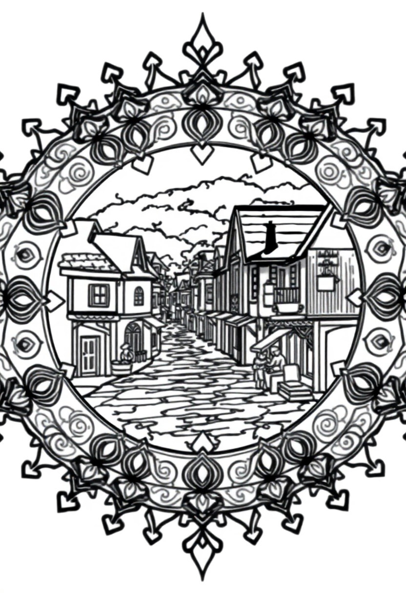 Village Street Scene coloring page, free printable