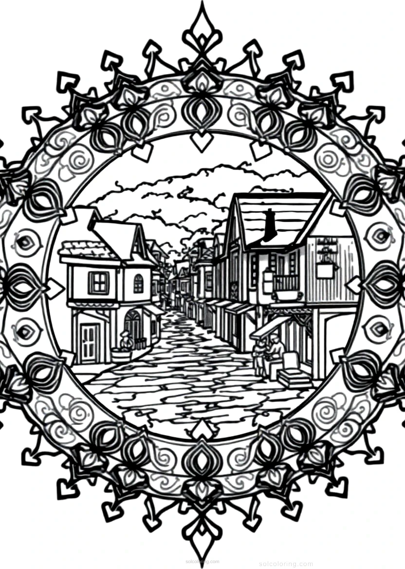 Village Street Scene coloring page for kids