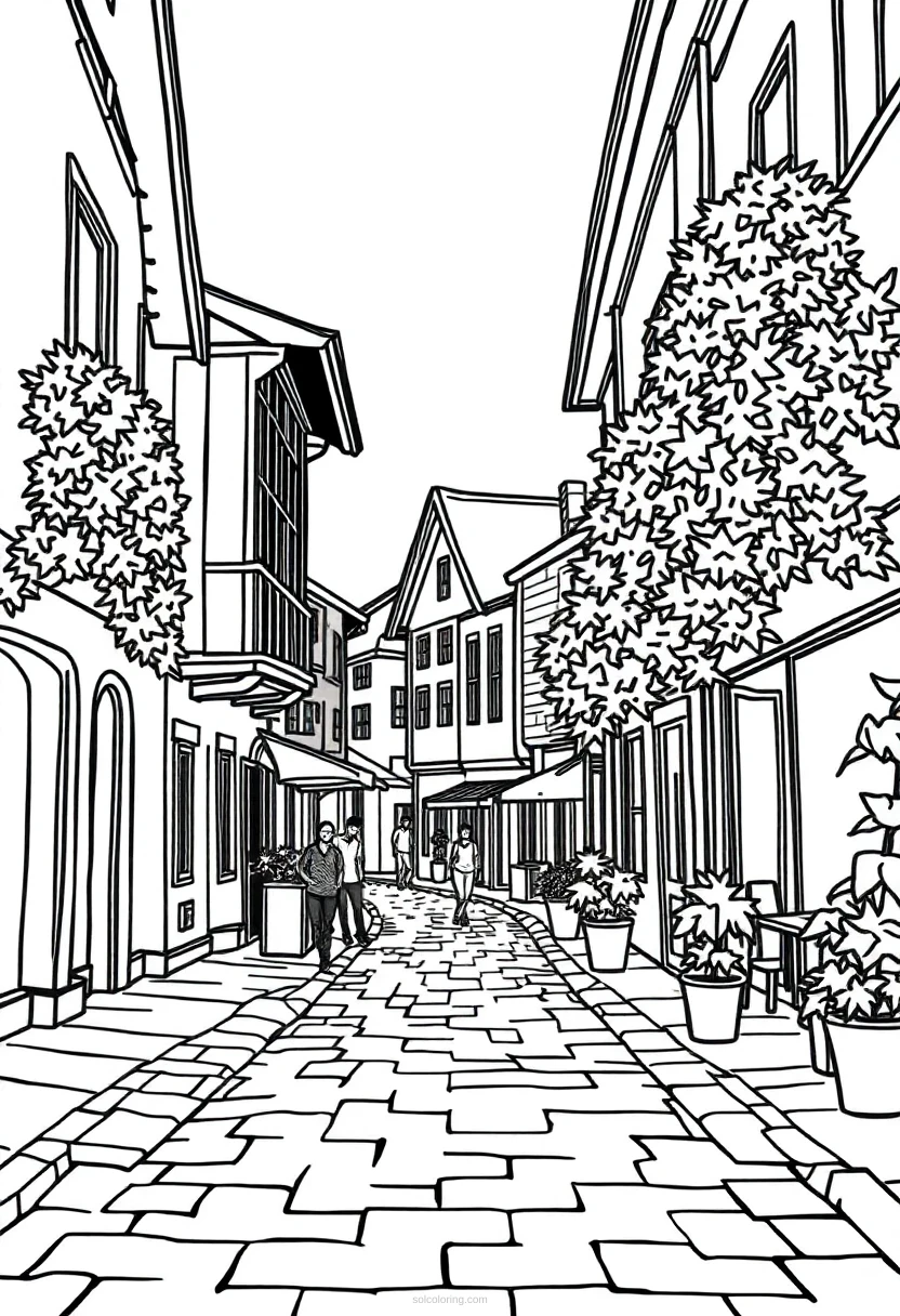 Village Street Scene coloring page for kids
