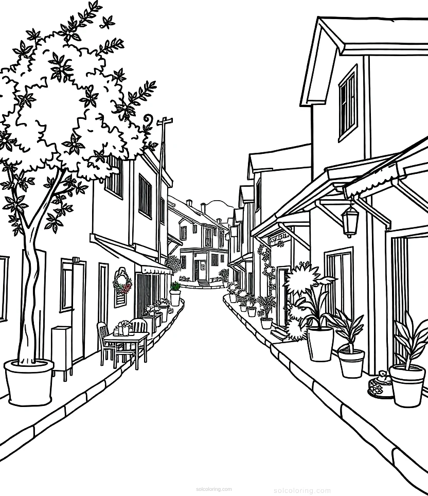 Village Street Scene coloring page for kids
