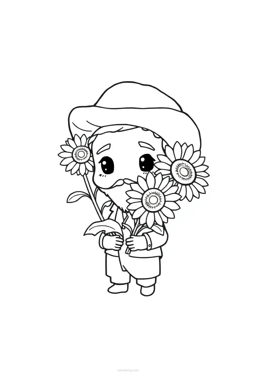 Vincent van Gogh with Sunflowers coloring page for kids